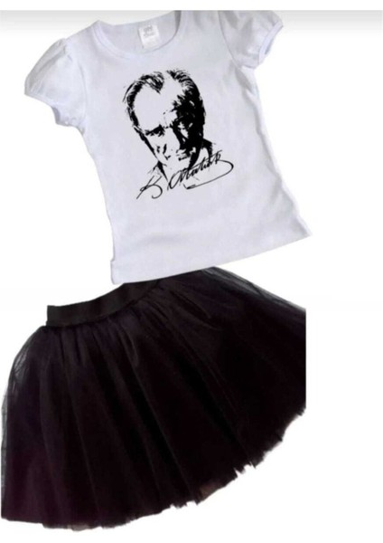 Kız Çocuk 23 Nisan 29 Ekim Gösteri Kıyafeti Tişört Atatürk Baskılı-Tütü Etek