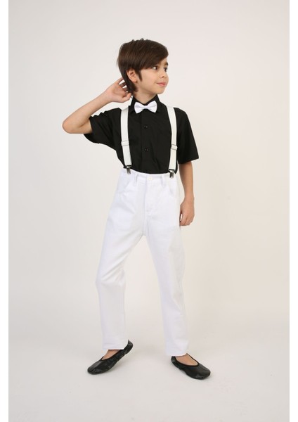 Erkek Siyah Gömlek-Beyaz Pantolon-Beyaz Askı Papyon Takım 23 Nisan-19 Ekim Gösteri Kıyafetleri