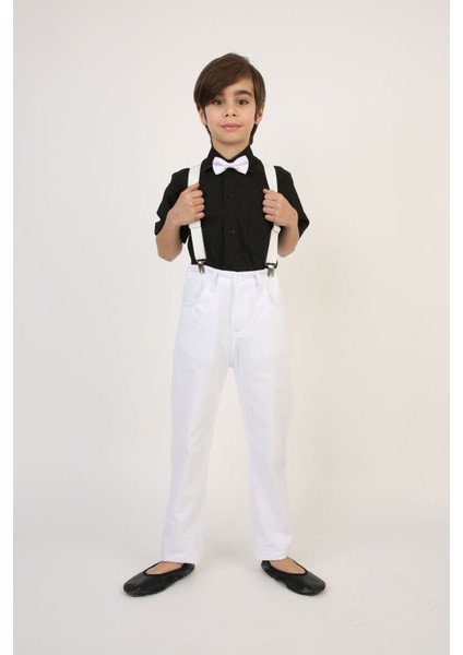 Erkek Siyah Gömlek-Beyaz Pantolon-Beyaz Askı Papyon Takım 23 Nisan-19 Ekim Gösteri Kıyafetleri fiyatları