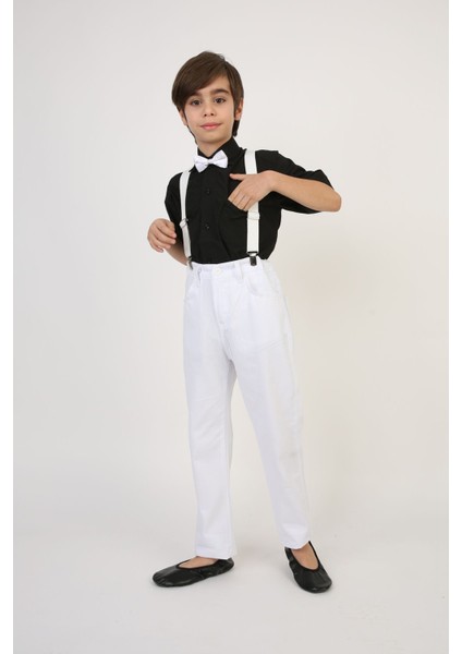 Erkek Siyah Gömlek-Beyaz Pantolon-Beyaz Askı Papyon Takım 23 Nisan-19 Ekim Gösteri Kıyafetleri modelleri