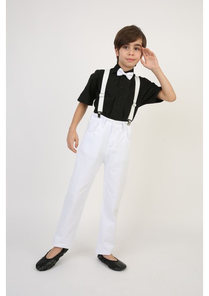 Erkek Siyah Gömlek-Beyaz Pantolon-Beyaz Askı Papyon Takım 23 Nisan-19 Ekim Gösteri Kıyafetleri fırsatları