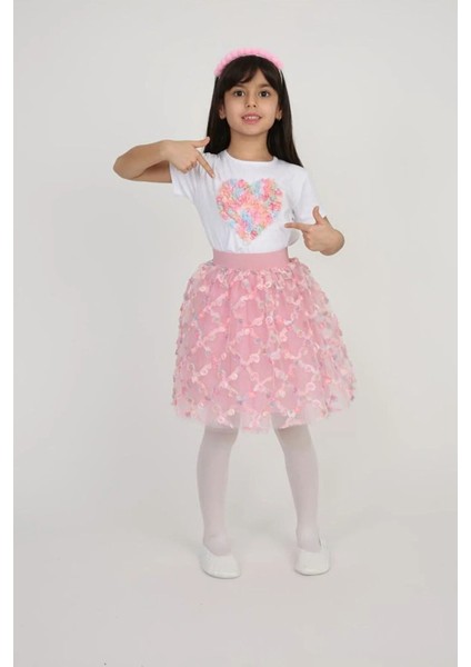 Kız Çocuk 23 Nisan 29 Ekim Gösteri Doğum Günü Kıyafeti Desenli Kısakol T-Shirt Tütü Etek Takım