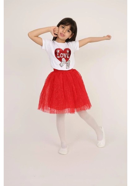 Kız Çocuk 23 Nisan 29 Ekim Gösteri Doğum Günü Kıyafeti Desenli Kısakol T-Shirt Tütü Etek Takım