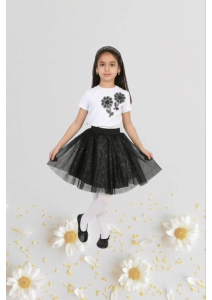 Kız Çocuk 23 Nisan Kıyafeti Kostüm Tütü Etek Kısa Kol Desenli Tshirt Takım NBL2434