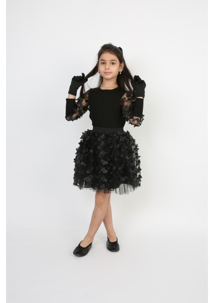 Kız Çocuk Takım Siyah Kolu Tüllü Kelebekli Badi Etek Bayramlık 23 Nisan,10 Kasım Gösteri Kostüm Tütü modelleri