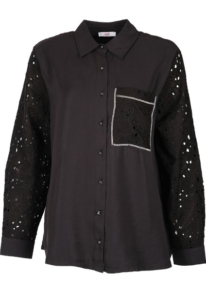 Vedi-bb Oversize Dantel Detaylı Uzun Kol Kadın Gömlek - Minimalist Stil fiyatları