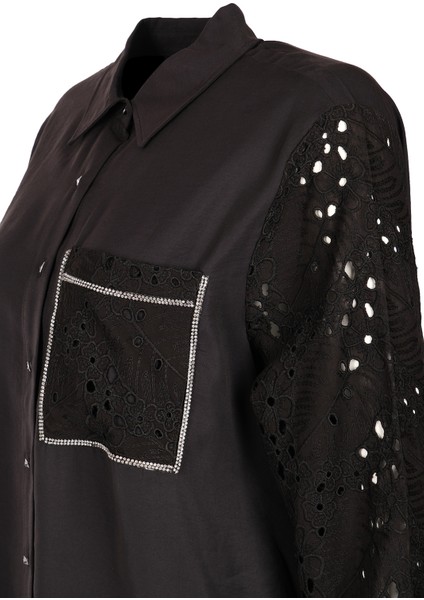 Vedi-bb Oversize Dantel Detaylı Uzun Kol Kadın Gömlek - Minimalist Stil modelleri