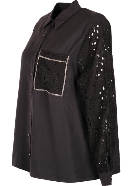 Vedi-bb Oversize Dantel Detaylı Uzun Kol Kadın Gömlek - Minimalist Stil fırsatları