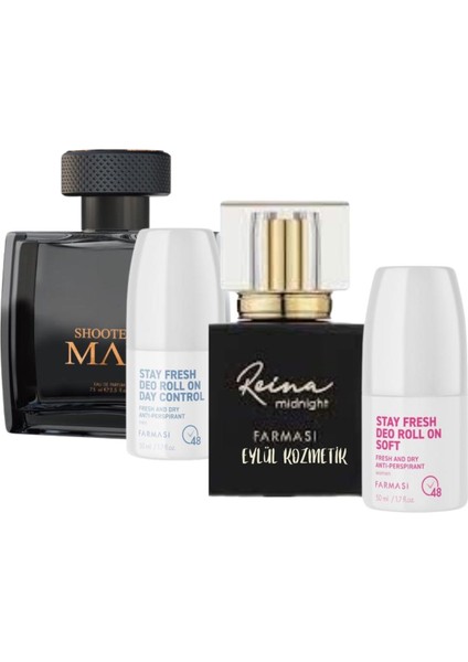 Shooter's Man Black Erkek Parfümü Edp 75 ml - Reina Midnight Kadın Parfümü Edp 45 ml - Stay Fresh Erkek Kadın Roll-On