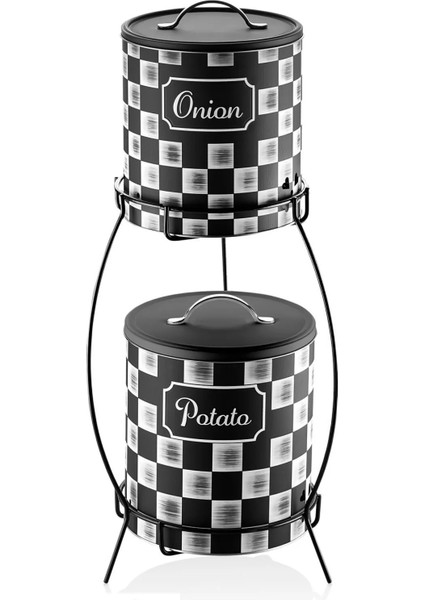 2 Katlı Kulplu Patates Soğanlık Metal Patates Soğan Kovası Sebzelik Sepeti Dama Desenli fiyatları