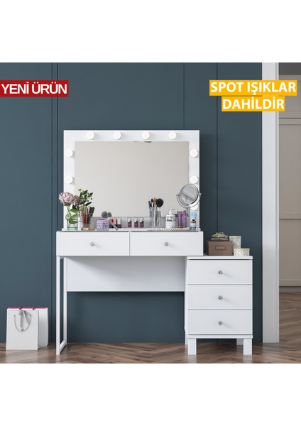 BJ150 Hollywood Işıklı Aynalı Kulis Makyaj Masası Cam Tablalı 5 Çekmeceli Takı Düzenleyici Beyaz