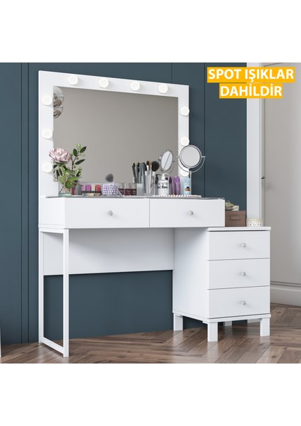 BJ150 Hollywood Işıklı Aynalı Kulis Makyaj Masası Cam Tablalı 5 Çekmeceli Takı Düzenleyici Beyaz