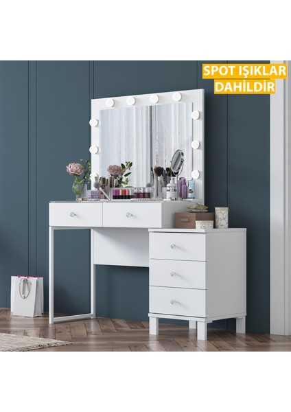 BJ150 Hollywood Işıklı Aynalı Kulis Makyaj Masası Cam Tablalı 5 Çekmeceli Takı Düzenleyici Beyaz