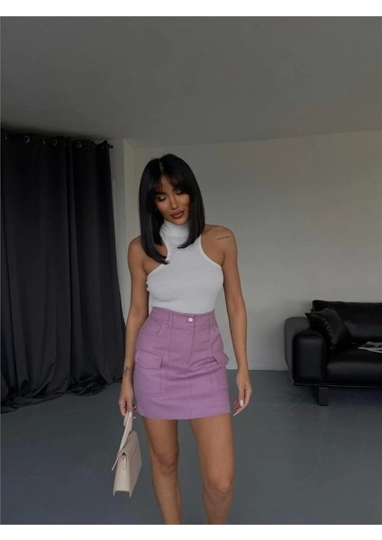 Gabardin Kısa Etek Cep Detaylı - Lila