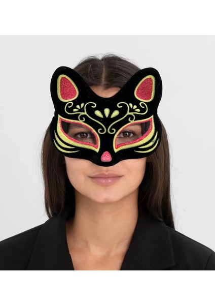 Siyah Renk Süet Kaplama Üzeri Kırmızı Sarı Simli Kedi Maskesi 17 x 14 cm (4172)