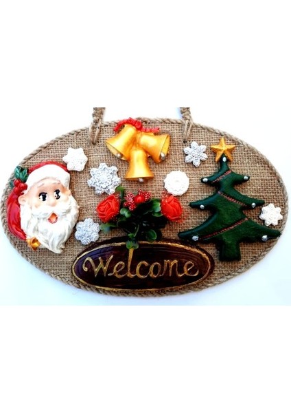 Welcome Yazılı Noel Babalı El Yapımı Yılbaşı Kapı Süsü