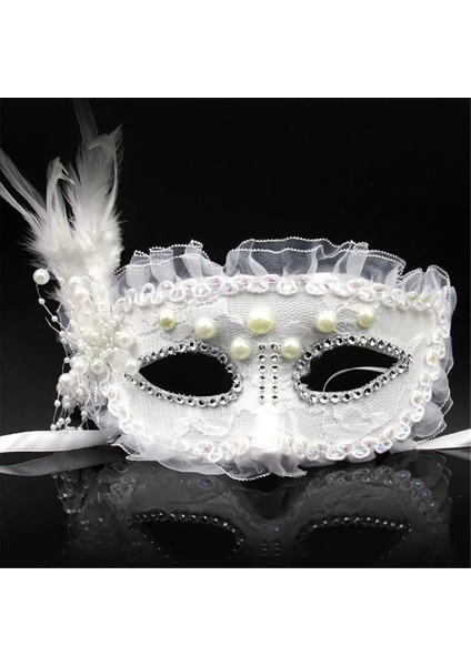 Beyaz Renk Yandan Tüylü Inci Işlemeli Taşlı Dantelli Parti Maskesi 17 x 12 cm (4172)