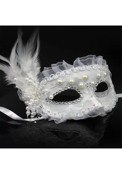 Beyaz Renk Yandan Tüylü Inci Işlemeli Taşlı Dantelli Parti Maskesi 17 x 12 cm (4172) fiyatları