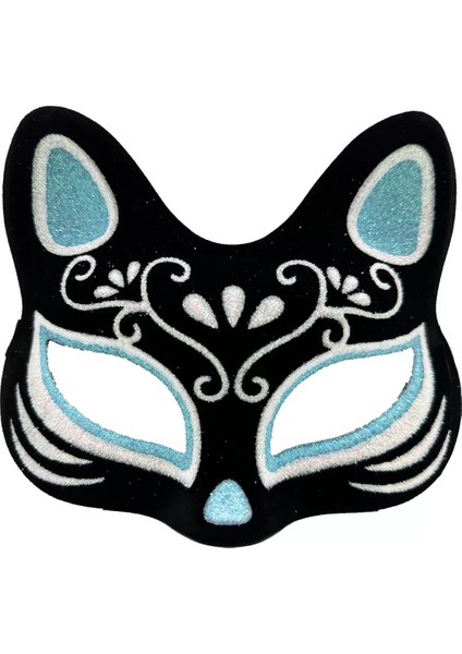 Siyah Renk Süet Kaplama Üzeri Gümüş Mavi Simli Kedi Maskesi 17 x 14 cm (4172)