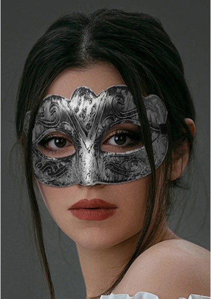 Maskeli Balo Antik Gri Gümüş Eskitilmiş Maske Balo Venedik (4172)
