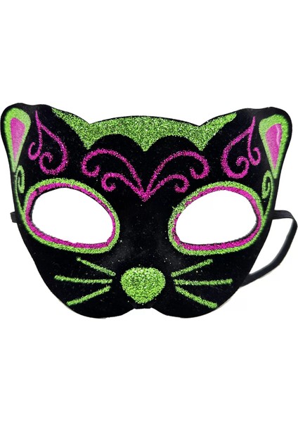 Siyah Kadife Kaplama Üzeri Pembe Yeşil Sim Işlemeli Kedi Maskesi 20 x 13 cm (4172)
