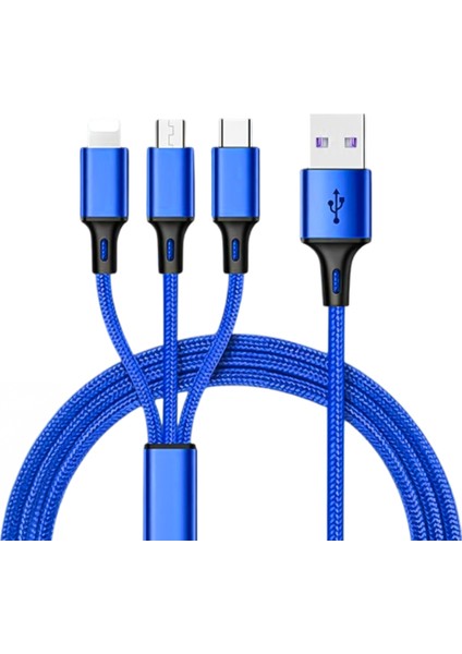 3ın1 Mavi 1.2 Metre (Mıcro USB - Lıghtnıng - Type C) Telefon Şarj Kablosu (4172)