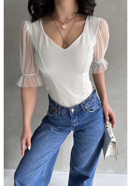 Prenses Kol Tül Detaylı Crep Bluz modelleri