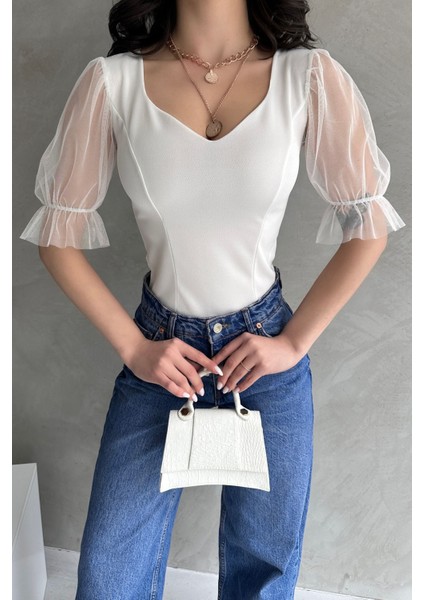 Prenses Kol Tül Detaylı Crep Bluz
