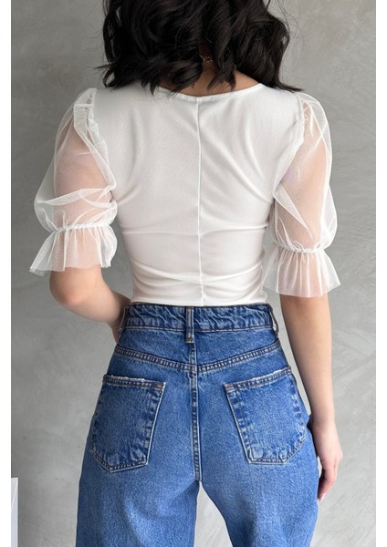Prenses Kol Tül Detaylı Crep Bluz