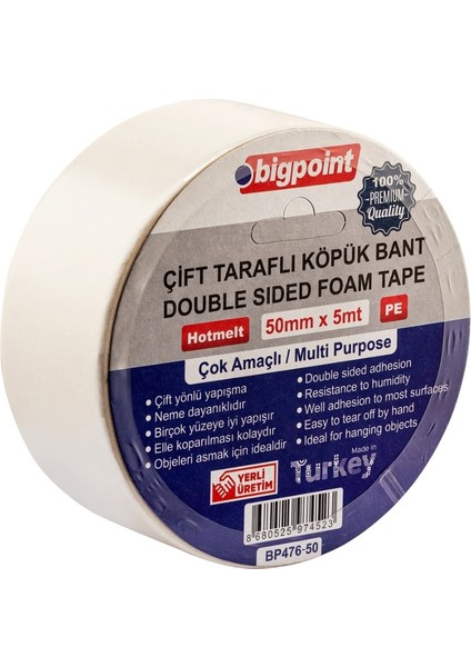 | Çift Taraflı Köpük Hotmelt Bazlı Bant, 50 mm x 5 M, Montaj Için Ideal