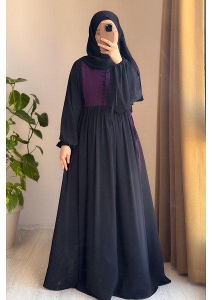 Düğmeli Garni Elbise - Siyah/ Mürdüm