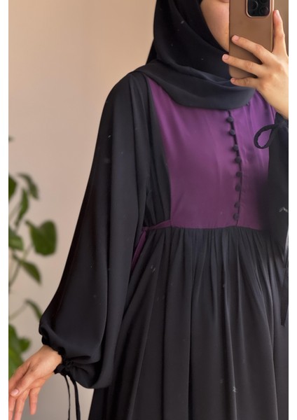 Düğmeli Garni Elbise - Siyah/ Mürdüm