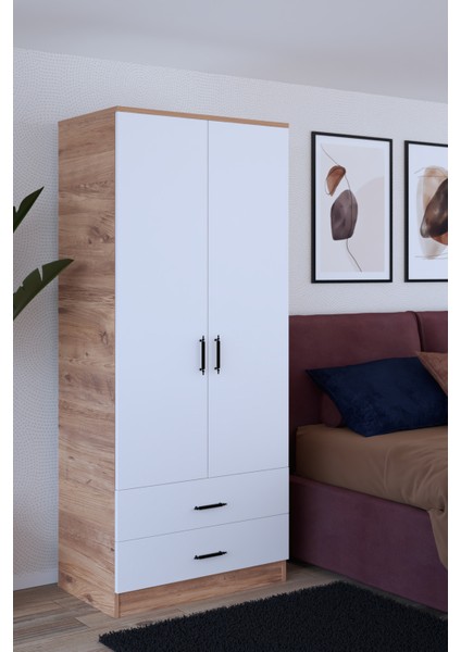 Abete-2 Kapılı 2 Çekmeceli Gardırop / Atlantik Çam-Beyaz