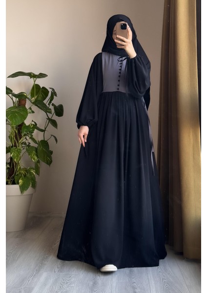 Düğmeli Garni Elbise-Siyah/ Gri