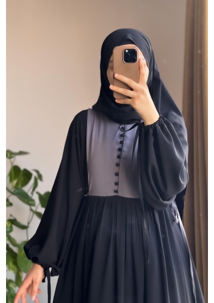 Düğmeli Garni Elbise-Siyah/ Gri fiyatları