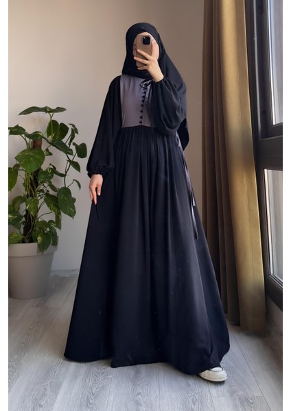 Düğmeli Garni Elbise-Siyah/ Gri modelleri