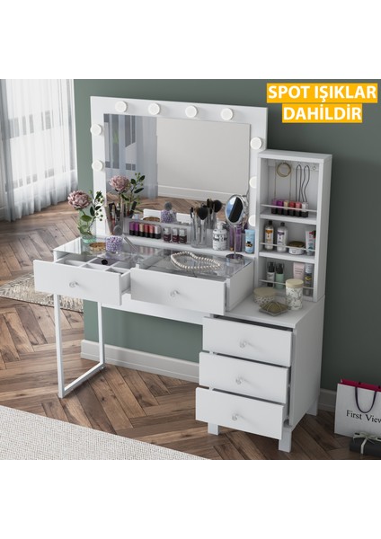 BJ151 Hollywood Işıklı Aynalı Kulis Makyaj Masası Cam Tablalı 5 Çekmeceli Takı Düzenleyici Beyaz