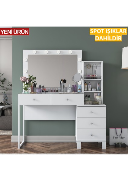 BJ151 Hollywood Işıklı Aynalı Kulis Makyaj Masası Cam Tablalı 5 Çekmeceli Takı Düzenleyici Beyaz modelleri