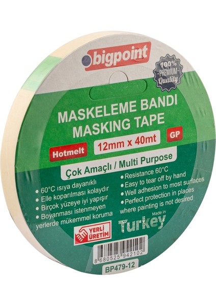 | Maskeleme Bandı, 12 mm x 40 M, Hotmelt Tutkallı Özel Yapışma