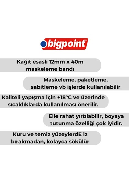 | Maskeleme Bandı, 12 mm x 40 M, Hotmelt Tutkallı Özel Yapışma