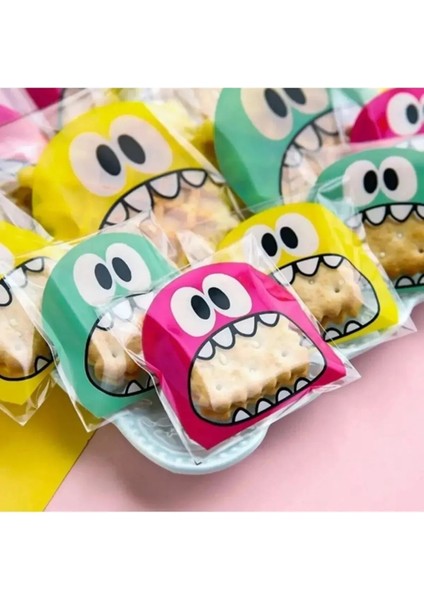 100 Adet 10x14 cm Karışık Renk Canavar Figürlü Bantlı Yapışkanlı Şeffaf Opp Jelatin Poşet