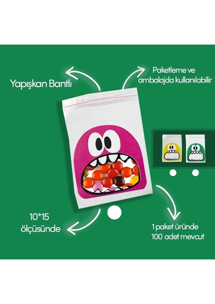 100 Adet 10x14 cm Karışık Renk Canavar Figürlü Bantlı Yapışkanlı Şeffaf Opp Jelatin Poşet fiyatları