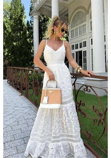Dipmoda kadın beyaz askılı tasarım elbise DPEMP2667