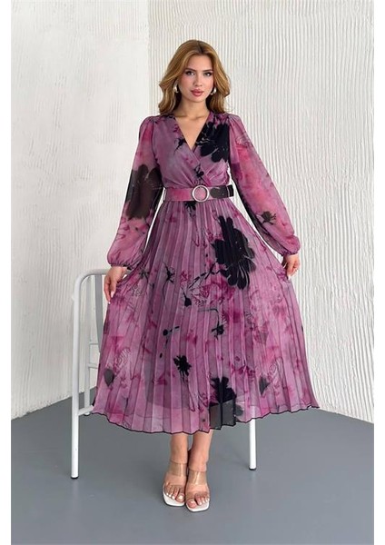 Dipmoda kadın kemerli kruvaze yaka desenli şifon elbise DPK20302