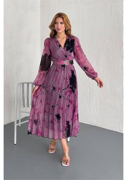 Dipmoda kadın kemerli kruvaze yaka desenli şifon elbise DPK20302 fiyatları