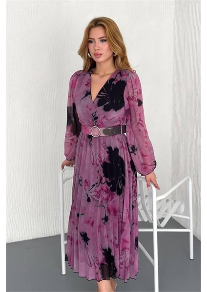 Dipmoda kadın kemerli kruvaze yaka desenli şifon elbise DPK20302 fırsatları