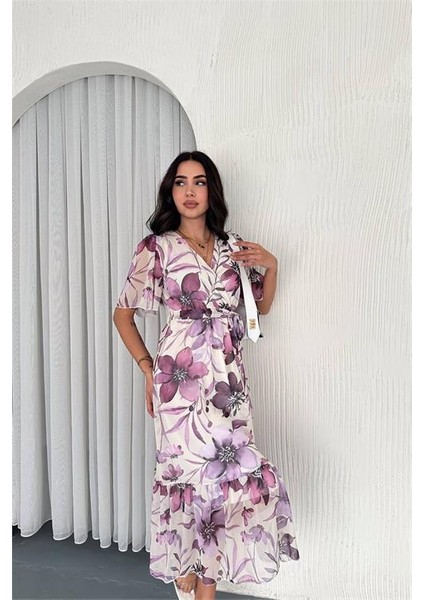 Dipmoda kadın midi boy desenli şifon elbise DPK4118
