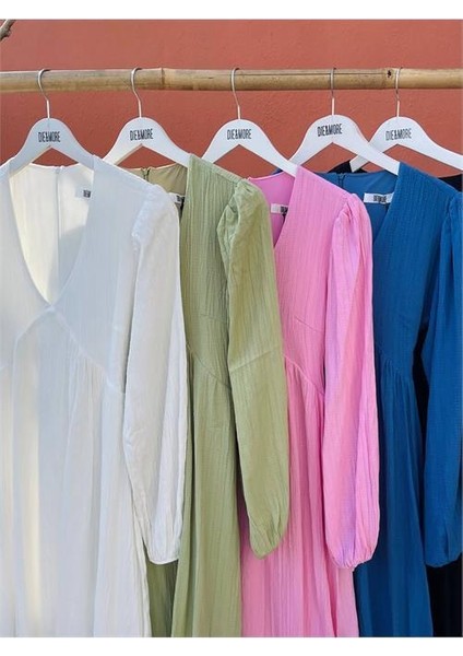 Dipmoda kadın v yaka astarlı muslin elbise DPDM6022