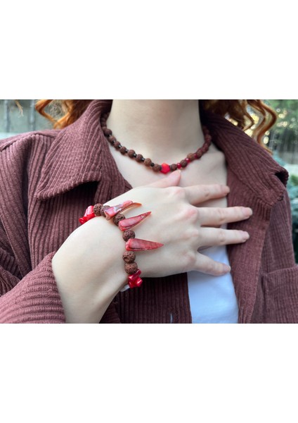 Mercan- Sedef- Rudraksha Tohumu Kolye- Küpe- Bileklik
