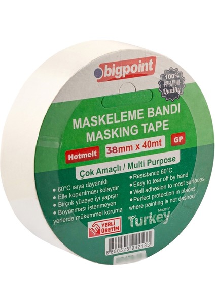 | Maskeleme Bandı, 38 mm x 40 M, Hotmelt Tutkallı Özel Yapışma